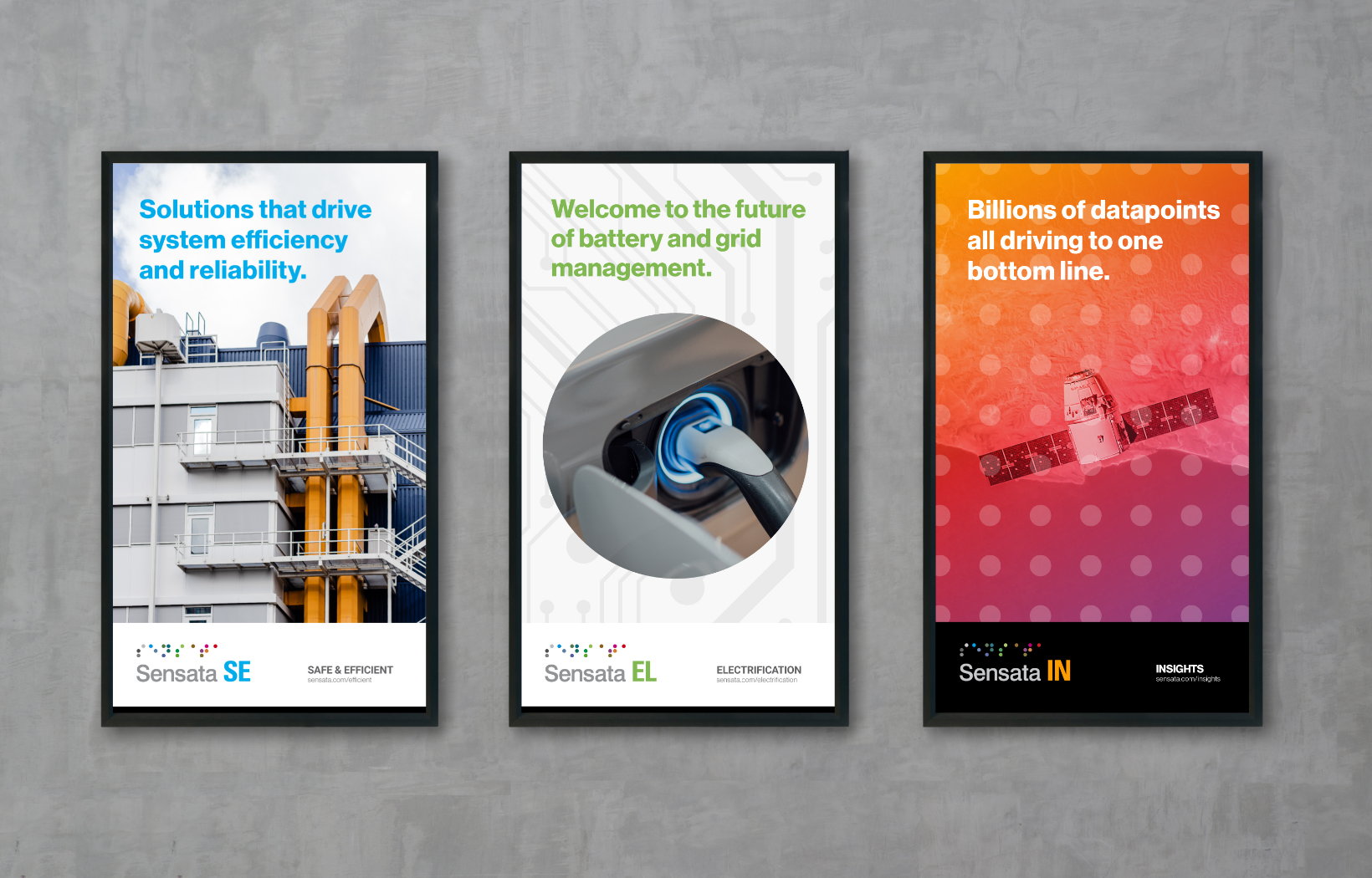 Three posters on a gray wall. Left: industrial pipes and text Solutions that drive system efficiency and reliability. Middle: electric vehicle charging and text Welcome to the future of battery and grid management. Right: satellite and text Billions of datapoints.