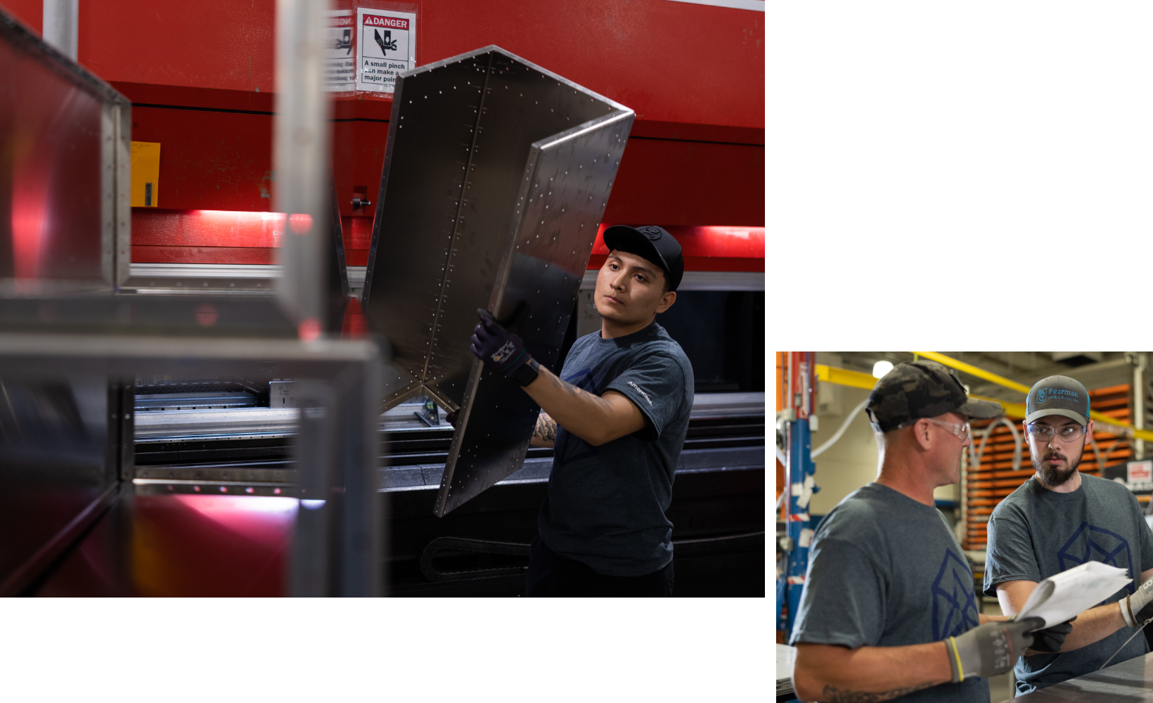 (Left) Americase employee carrying a large piece of custom metal covering to be used in a case being built. (Right) Two Americase employees talking in a warehouse.
