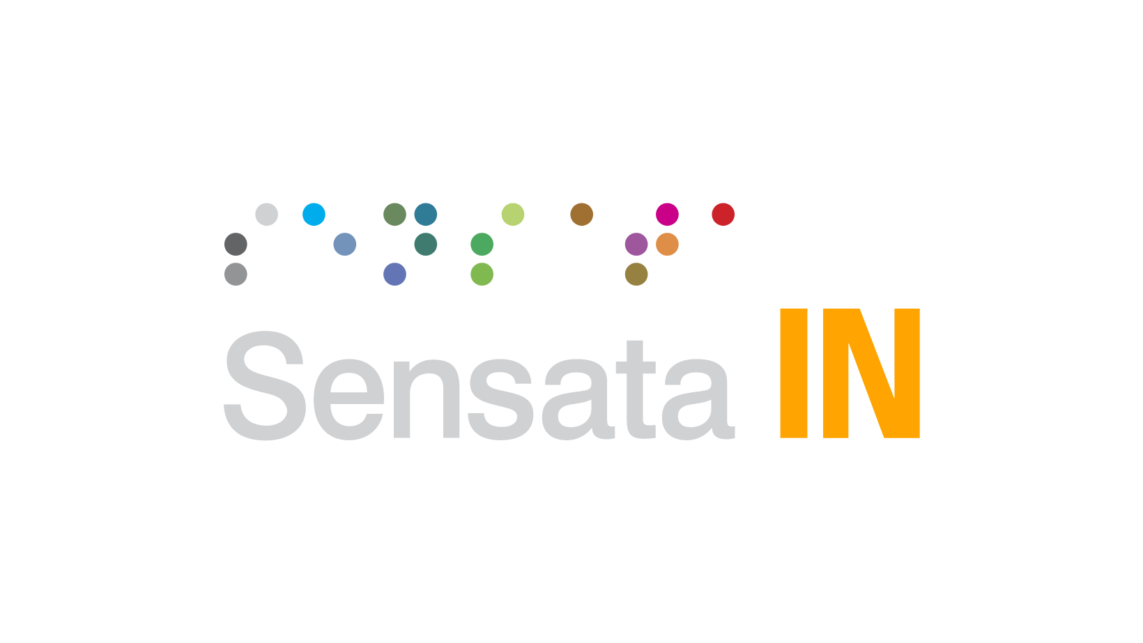 Logo of Sensata with IN highlighted in yellow. Colorful dots are arranged in a horizontal line above the text on a black background, representing a vibrant design.