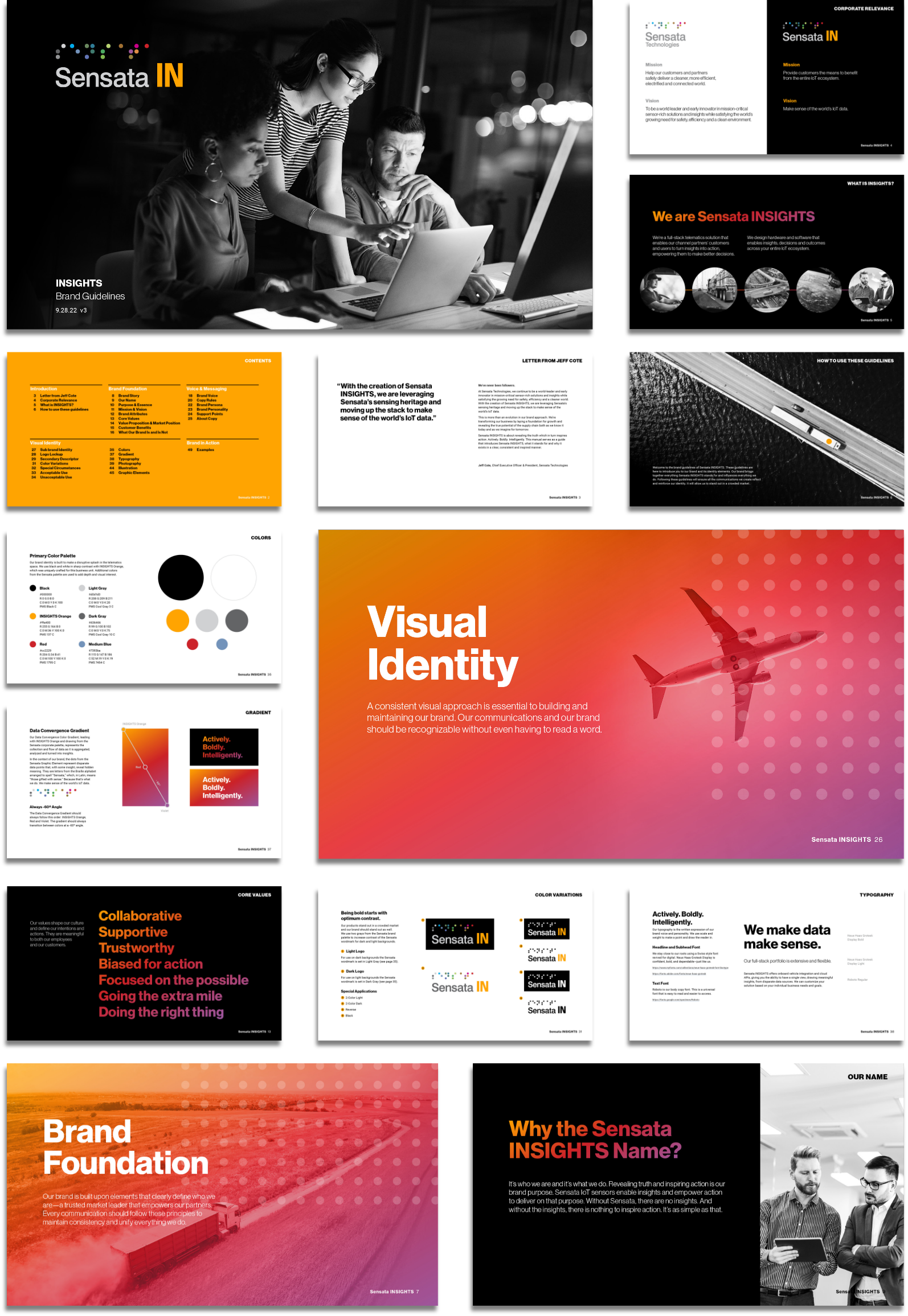 A collage of presentation slides featuring Sensata. It includes images of a family with a laptop, airplane wing, and various text elements like Visual Identity and Brand Foundation. The color scheme is orange, black, and white.