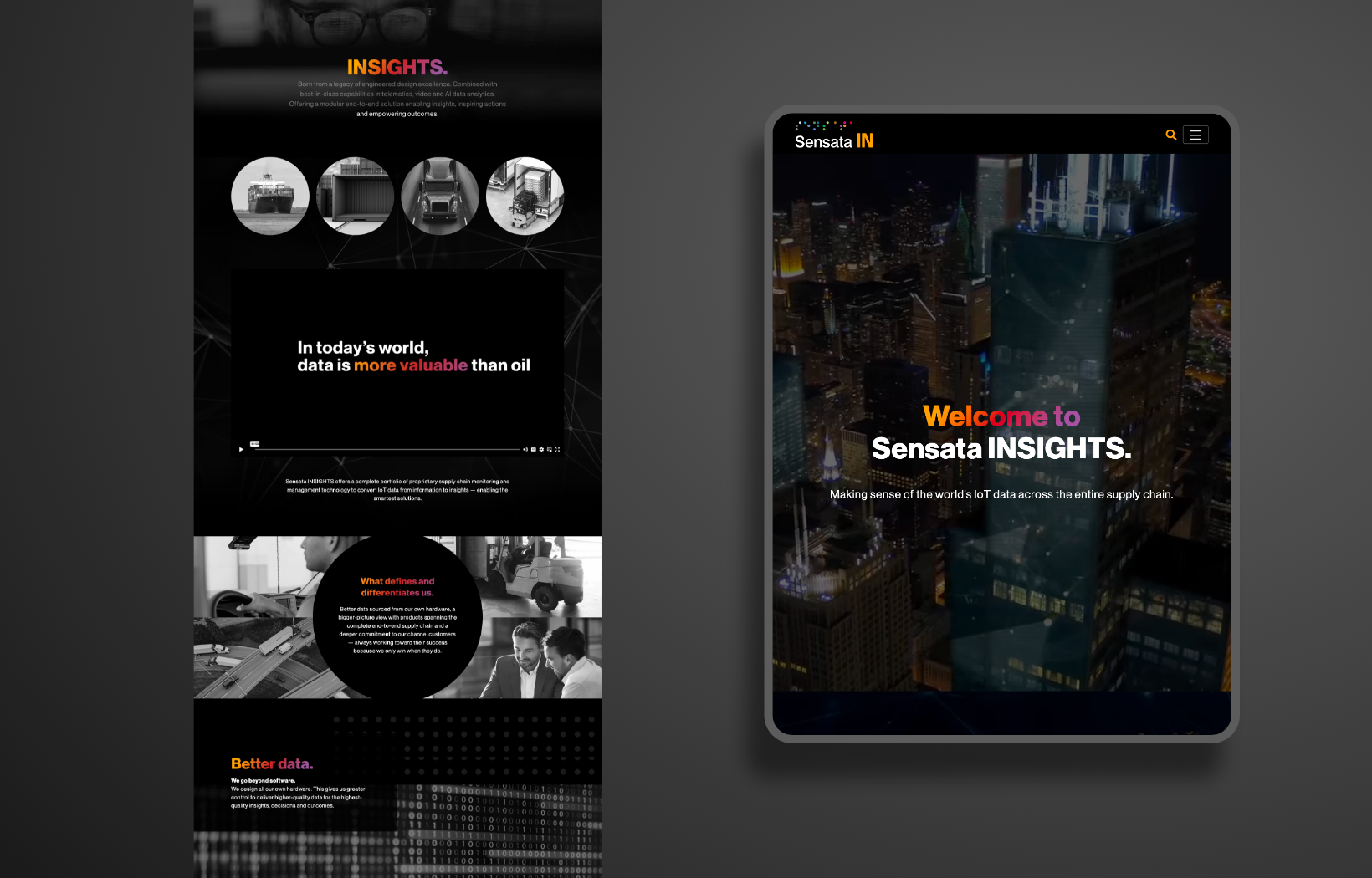 A sleek digital marketing layout with a dark theme. Top left has INSIGHTS with circular images. Text below says, In today’s world, data is more valuable than oil. Right side features a tablet displaying Welcome to Sensata INSIGHTS.