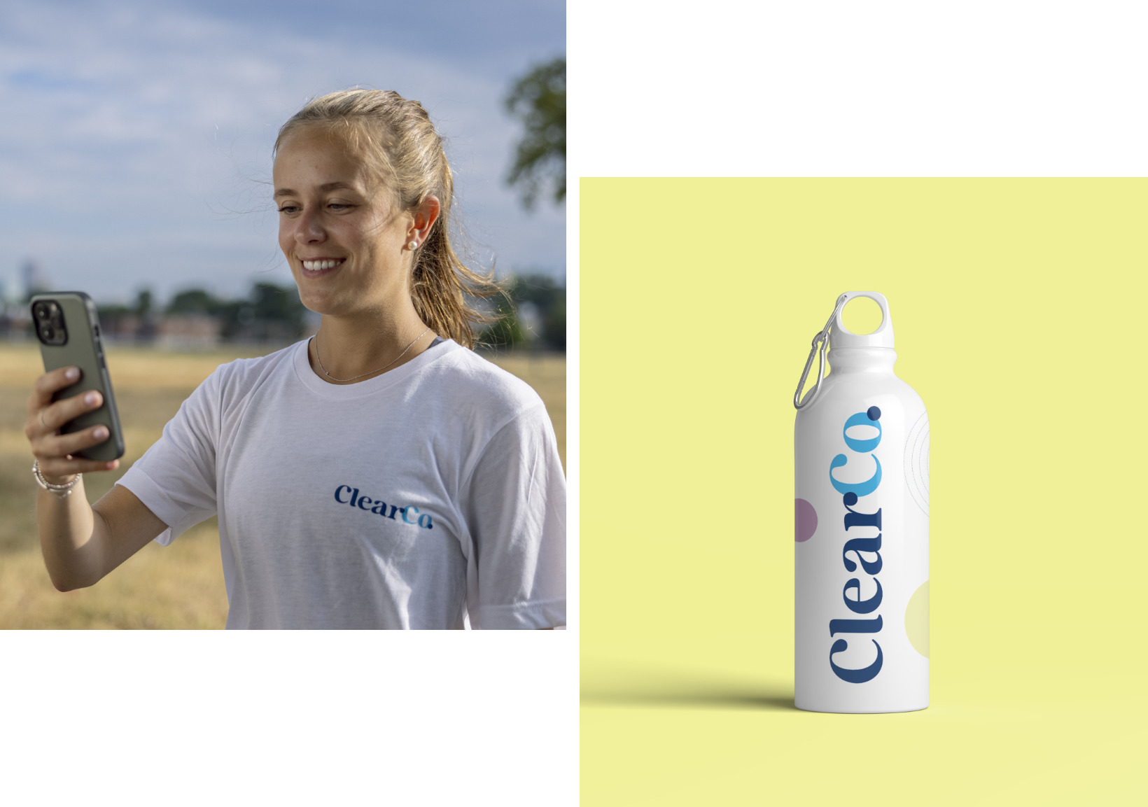 (Left) female ClearCo employee wearing ClearCo tshirt. (Right) Metal water bottle with ClearCo brand Logo on it.
