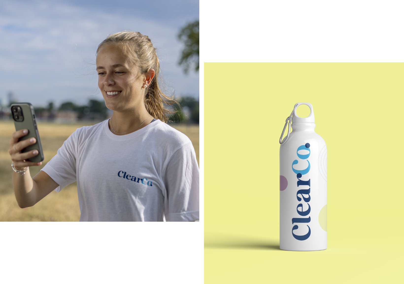 A person wearing a white ClearCo. t-shirt smiles while holding a smartphone outdoors. Beside them, there is an image of a white ClearCo. water bottle against a light yellow background.