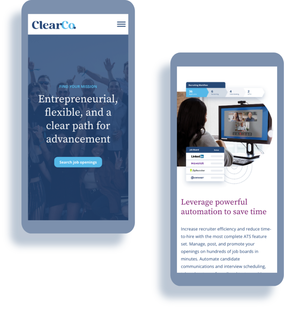 Two smartphone screens display a career opportunities website. The first screen promotes an entrepreneurial and flexible career path. The second showcases job recruitment software features, including automation and candidate management tools.