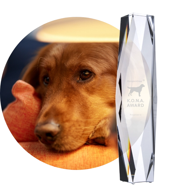 Close Up of Kona Markman, the cutest dog ever and a visual of the Monogram Group KONA Award's Glass Trophy.