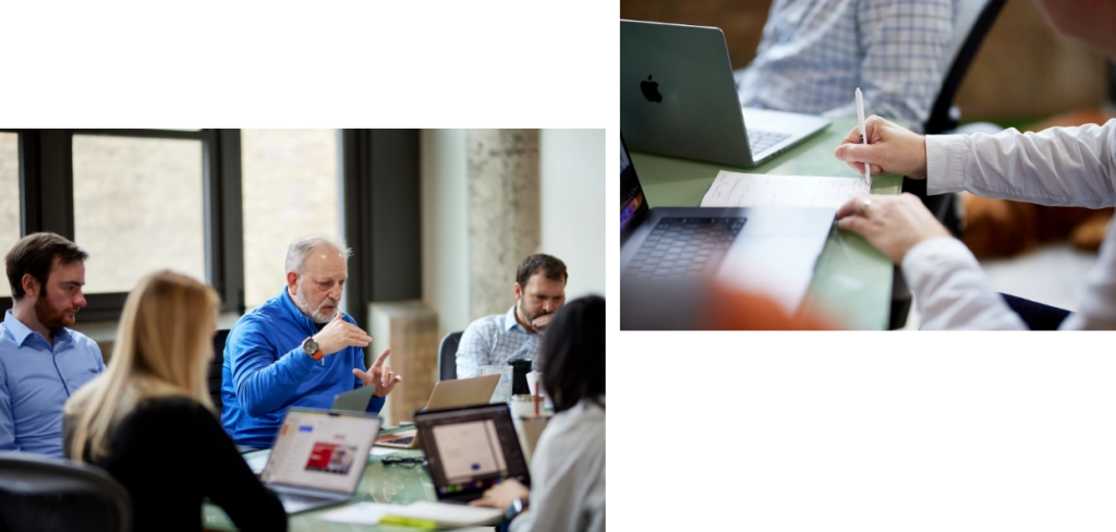 (Left) President Scott Markman speaking to MonogramGroup team members in an internal meeting. (Right) Senior Art Director, Sean Fermoyle writing notes on a sheet of paper.