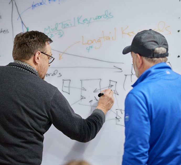 (Left) SEO/PPC/Digital Marketing Rod Holmes and (Right) President Scott Markman draw on a whiteboard.