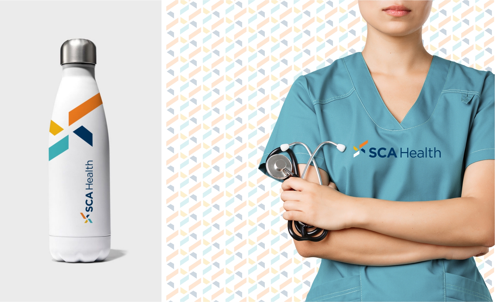 (Left) Photo of white, metal water bottle boasting the SCA Health logo and iconography on it. (Right) Woman doctor holding a stethoscope wearing a comfy-looking SCA Health doctor's tee-shirt.