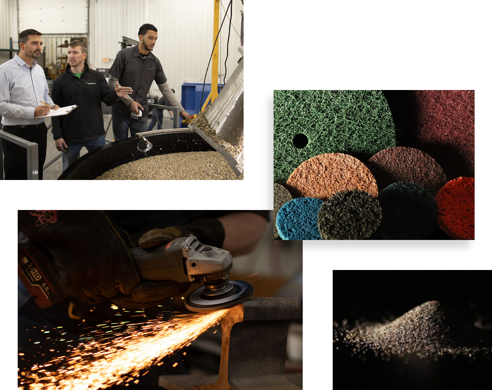 Four SurfacePrep Action Shots (TopLeft) SurfacePrep Employees taking notes on duty; (TopRight) multiple texture examples; (BottomLeft) Active tool creating sparks off of metal its grinding against; (BottomRight) Pile of Grains in dark with natural light shining on it.