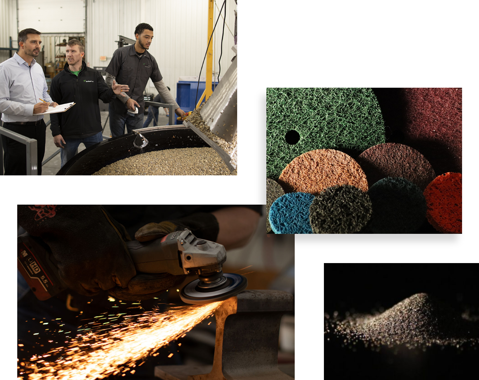 A collage of four images: three people observing a machine pouring granules; various textured, round abrasives; a worker grinding metal with sparks flying; and a close-up of granular material piled on a black surface.