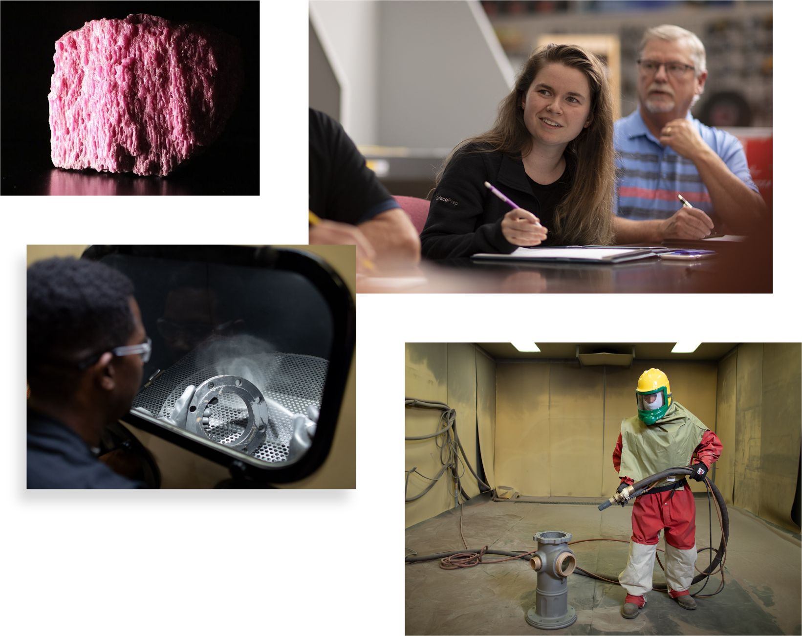 A collage of four images: a close-up of pink rock, three people in a discussion, a person inspecting a metal part in a cabinet, and an individual in protective gear using equipment in a large room.