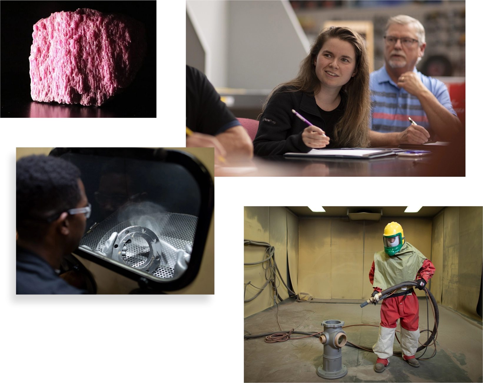 Four SurfacePrep Action Shots (TopLeft) Pink Rock; (TopRight) woman and man writing; (BottomLeft) Man looking throug window at metal with safety gasses; (BottomRight) Man in full safety Suit holding hose aimed at frame of a fire hydrant.