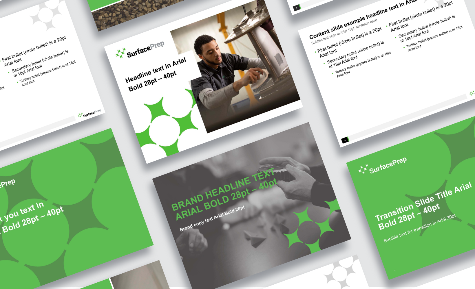 A collage of presentation slides featuring the SurfacePrep logo. Slides include text details, such as Headline text in Arial Bold 20pt - 40pt and various green geometric designs. One slide shows a person inspecting machinery.