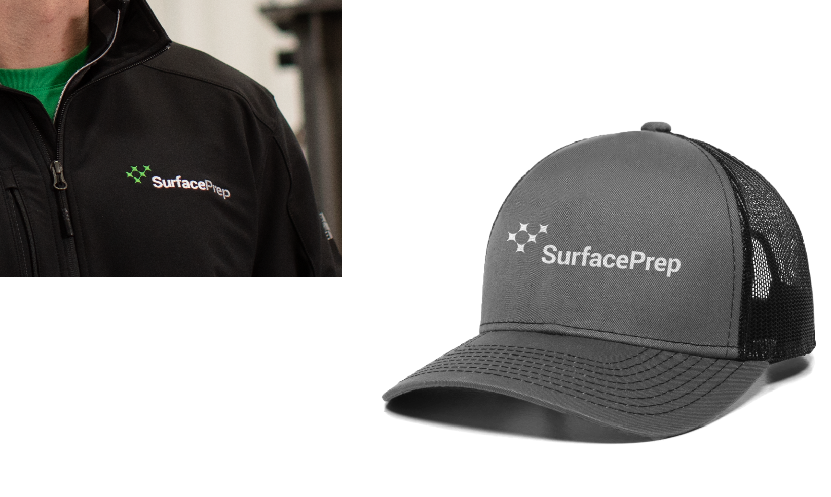 A person in a black jacket with the SurfacePrep logo on the chest stands next to a gray and black mesh baseball cap with the same SurfacePrep logo, displayed prominently on the front.