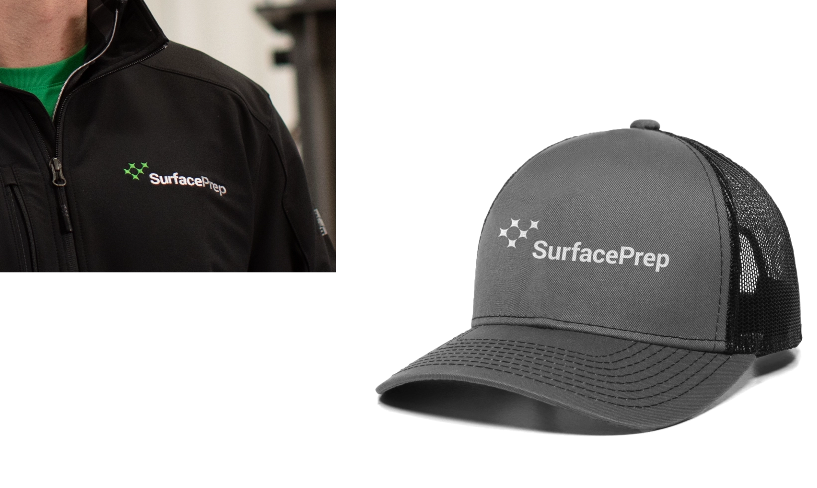 (Left) Photo Close-Up of SurfacePrep sweater; (Right) Photo Close-Up of SurfacePrep Baseball Hat.