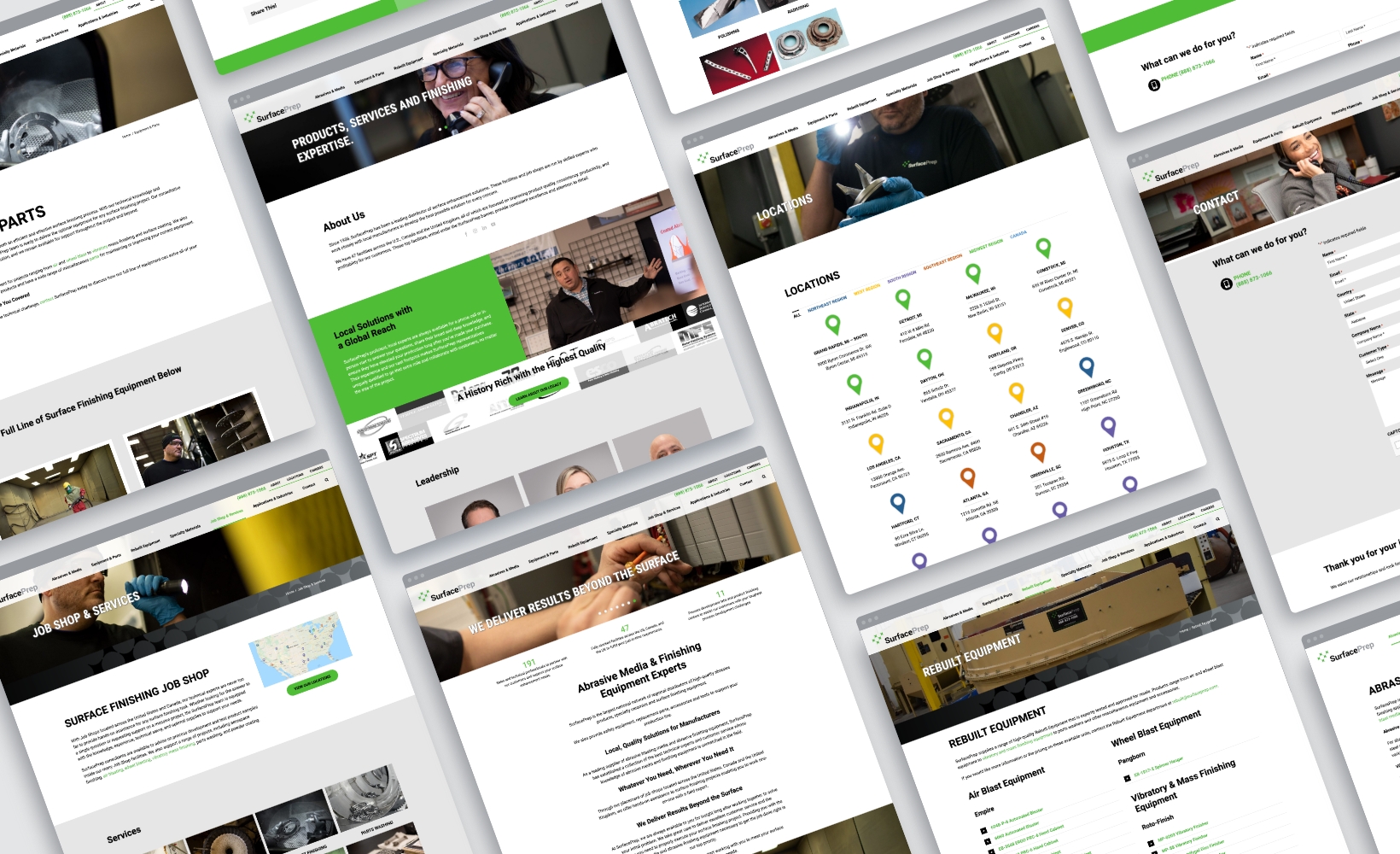 A collage of website pages displayed at various angles. The pages feature a mix of text, images, icons, and headings with green accents. Some content includes maps, color-coded location markers, and photos of people in professional settings.