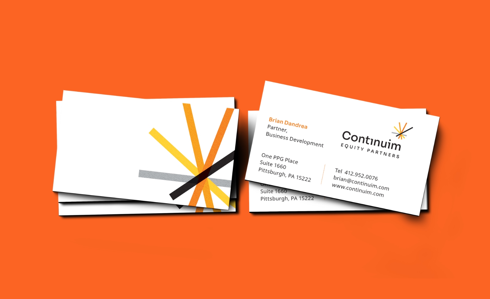 Rendered visual of Continuim Equity Partners business card with 'person, position, the office address, and contact information' on it.