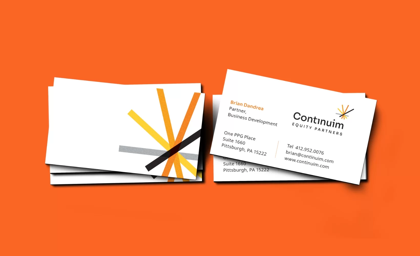 Rendered visual of Continuim Equity Partners business card with 'person, position, the office address, and contact information' on it.