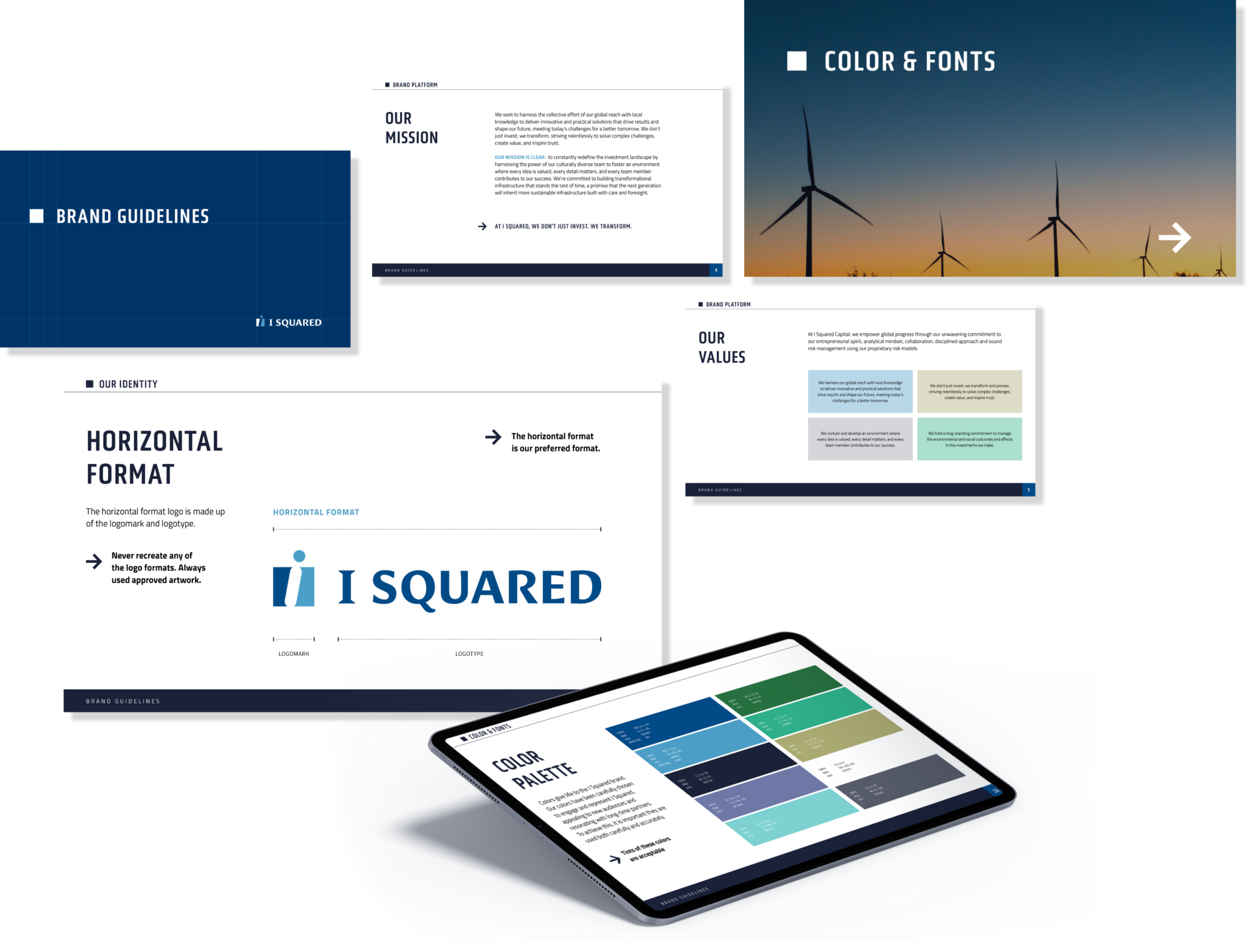 A series of slides from a brand guidelines presentation with images of wind turbines and text about mission, values, horizontal format, color palette, and fonts. An iPad displays similar content.