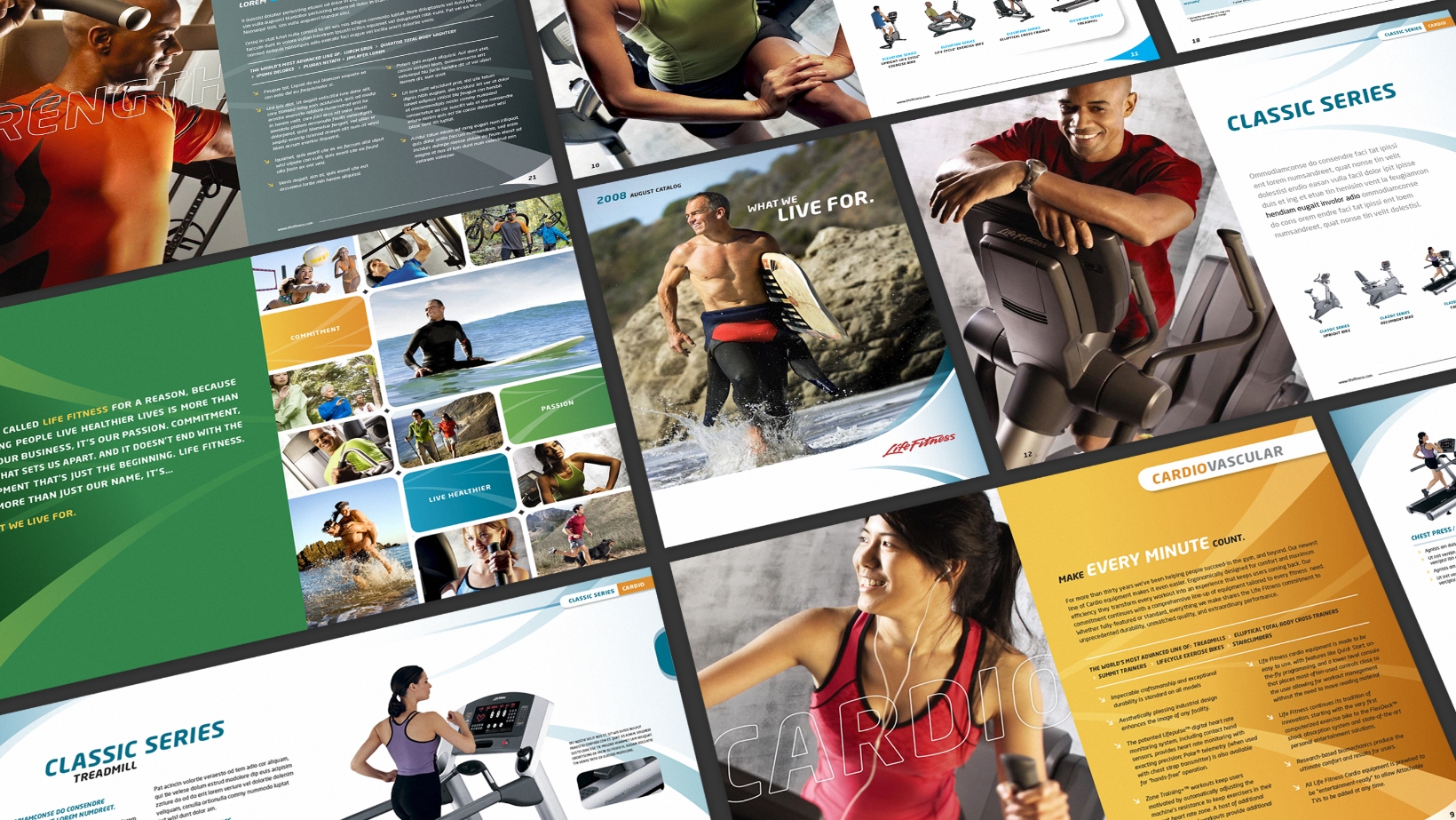 Collage of fitness brochures featuring people using exercise equipment, beach workouts, and wellness information. Includes various layouts with text about cardio and classic exercise series. Predominant colors are green, orange, and blue.