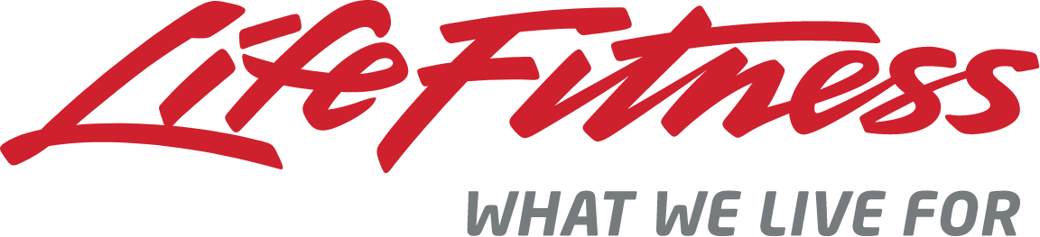 The image shows the Life Fitness logo with Life and Fitness in bold red script and What We Live For in smaller gray text below.