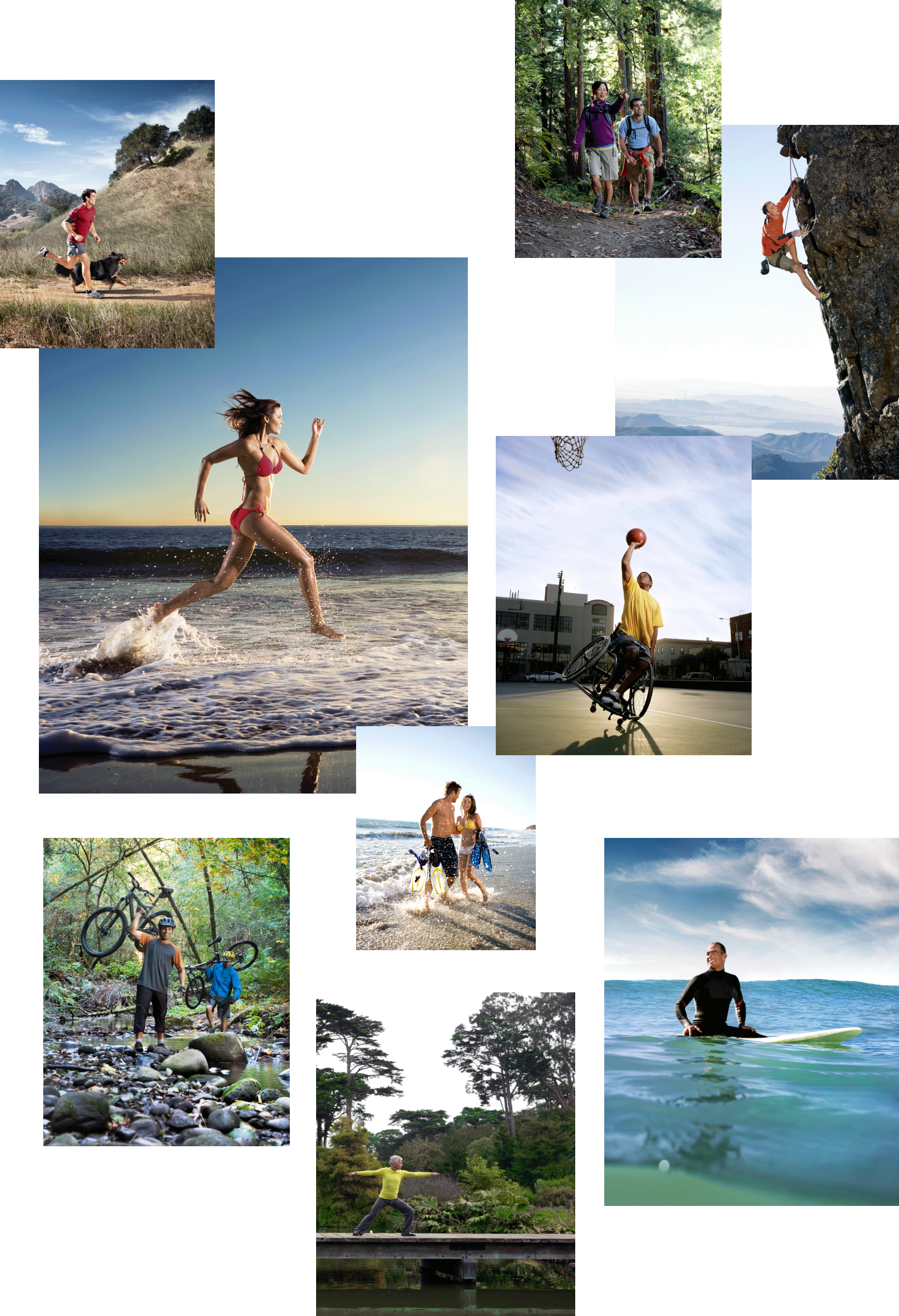 Collage of Various LifeFitness Hero Photos. Male Athlete running with dog. One Female and One Male hiker walking happily in forest. Male Mountain Climber climbing mountain. Female Athlete running on beach. Male athlete in wheelchair shooting a basket ball extending arm to shoot basketball in hoop. One Male and One Female diver standing ankle deep in water at beach in late afternoon. Two Male Bikers carrying bike throw rocky stream. Senior Male doing Yogo on wooden bridge over water surrounded by forest. Male surfer on surfboard, smiling.