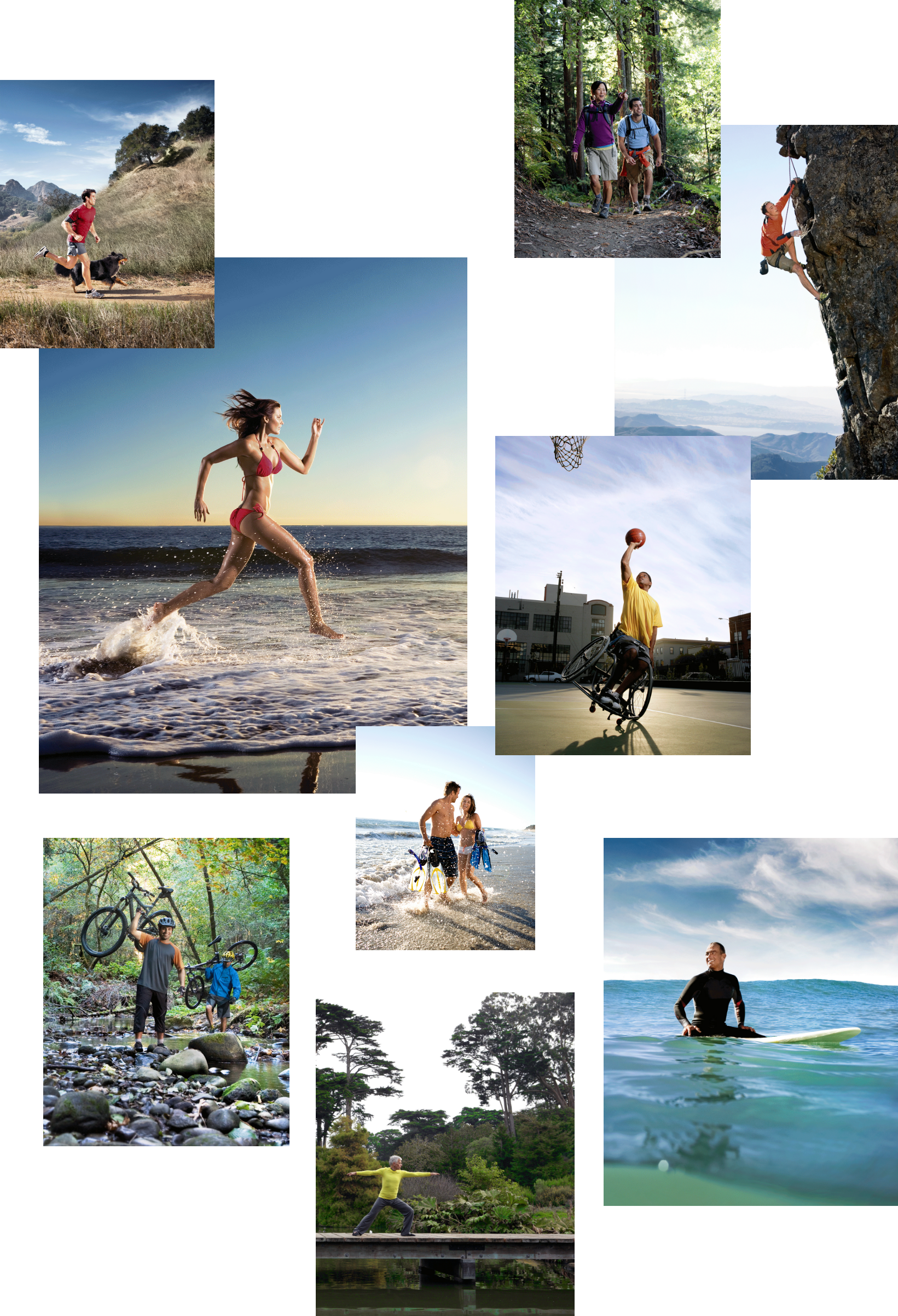A collage of outdoor activities: people hiking, rock climbing, running on a beach, wheelchair basketball, biking in a forest, surfing, playing basketball, and jogging. The scenes are bright and dynamic, set in nature and urban environments.