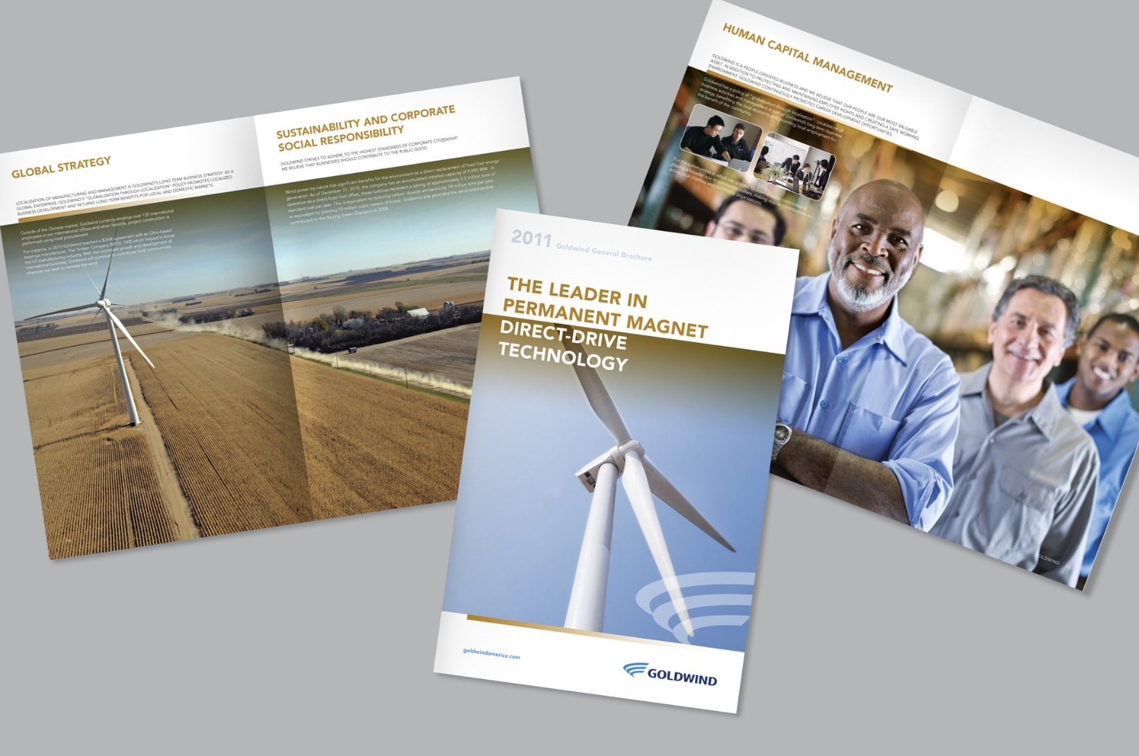 Three open brochures on a gray background. The left page shows a wind turbine in a field. The center cover reads The Leader in Permanent Magnet Direct-Drive Technology with a wind turbine image. The right page shows smiling people and text about human capital management.