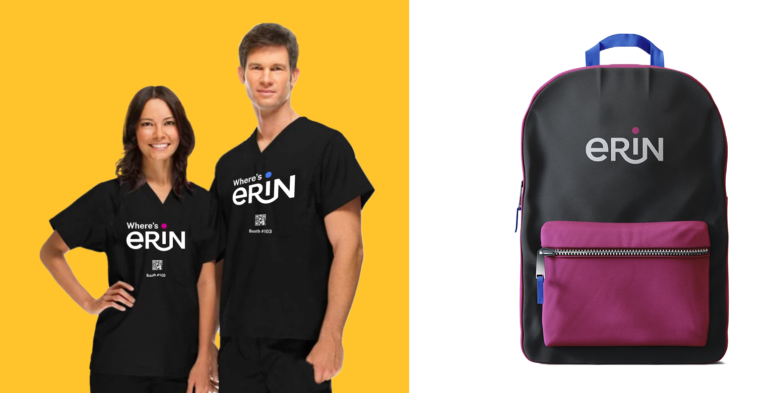 Two people in black shirts with Wheres eRIN text, standing on a yellow background. A black backpack with eRIN text and a pink front pocket is on the right.