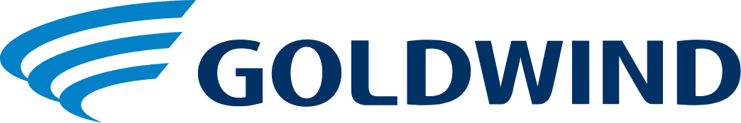 Logo of Goldwind featuring three stylized blue swoosh lines on the left and the word GOLDWIND in bold blue capital letters on the right.