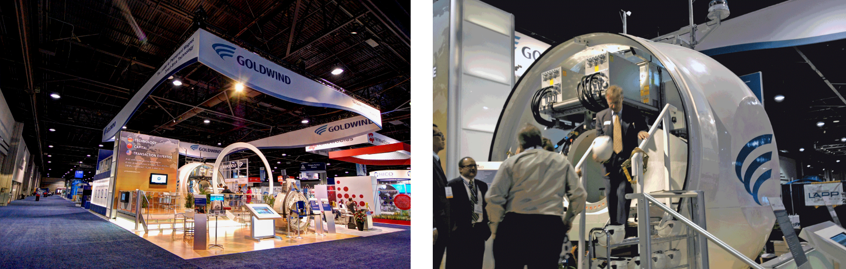 Trade show exhibit featuring cutting-edge technology booths. Left: Goldwind display with a modern, spacious design and digital screens. Right: People inspecting machinery with a circular frame and technical components.