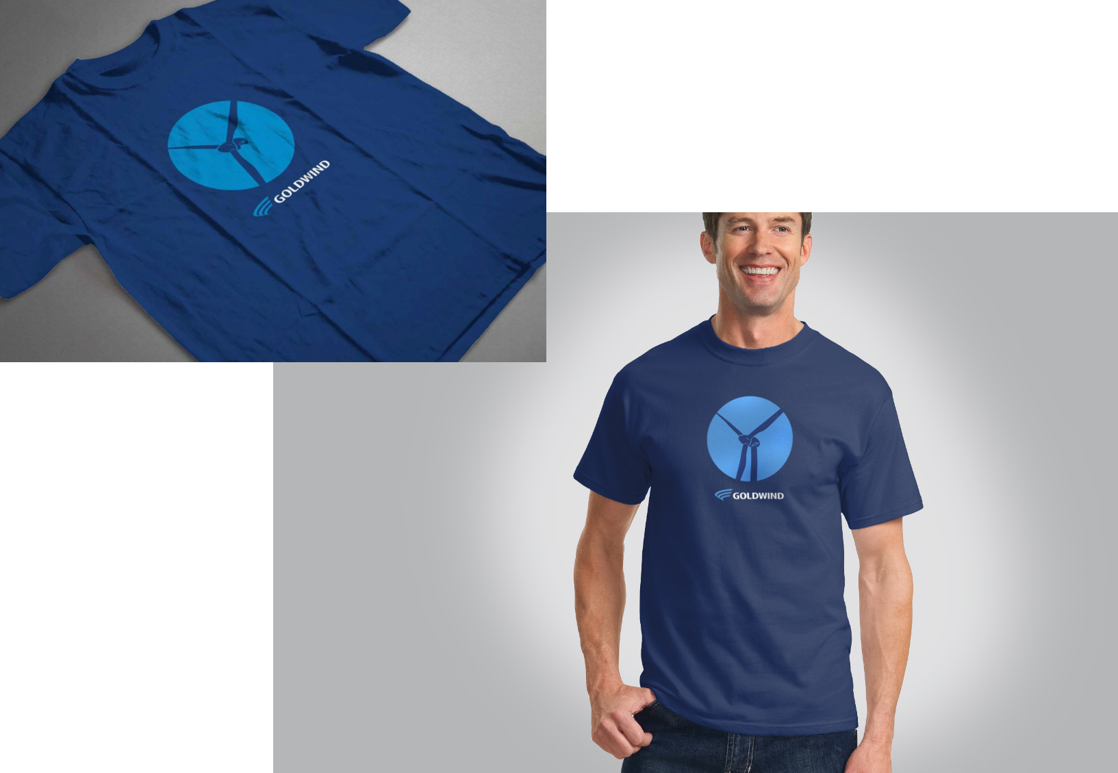 Two images of blue T-shirts featuring a wind turbine logo and the word Goldwind in white. One T-shirt is laid flat, and the other is worn by a smiling person standing against a gray background.