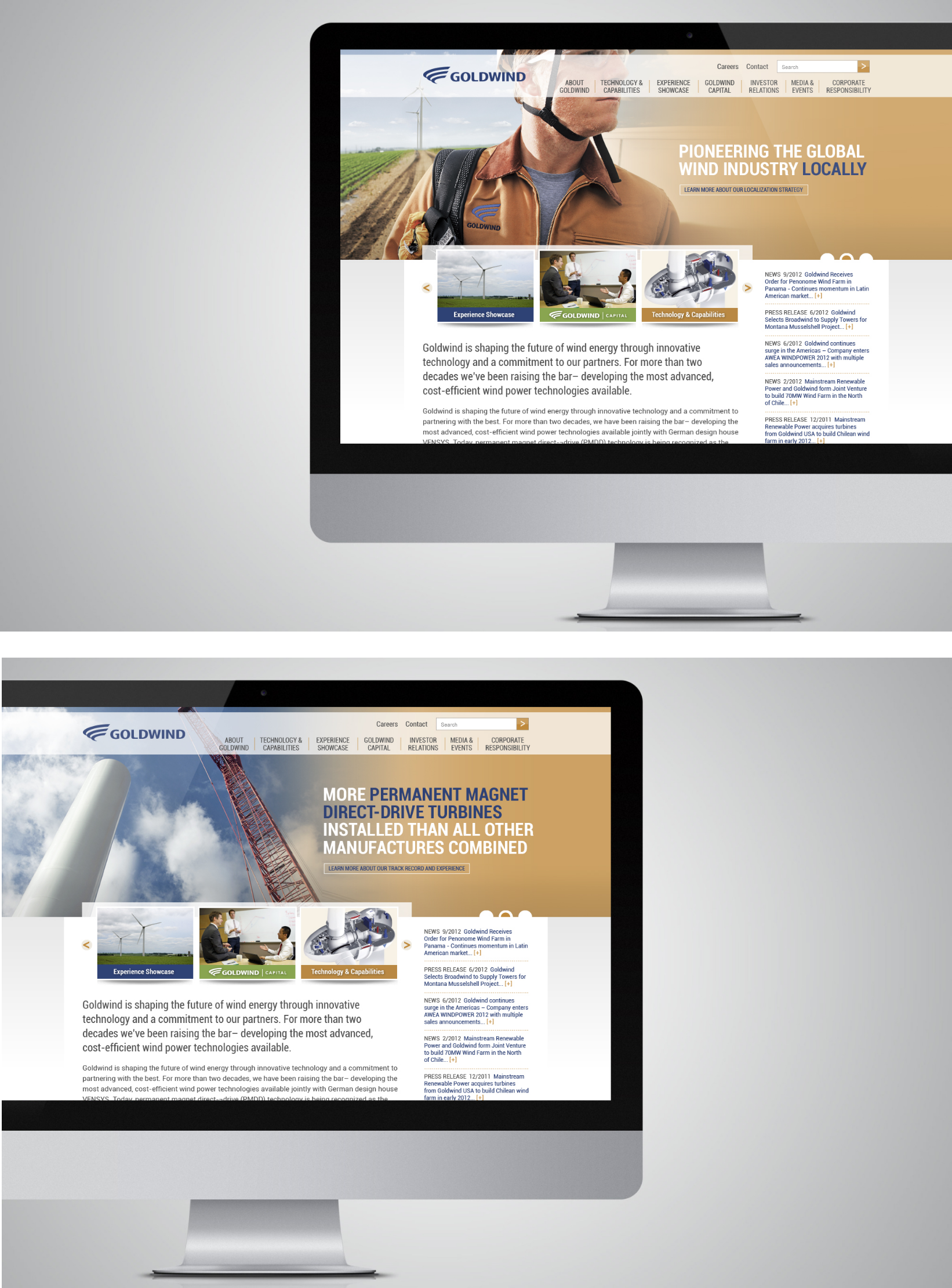 Two computer screens display the Goldwind website. The pages feature images of wind turbines and workers, with headlines about innovation in the wind industry. The layout includes navigation menus, text sections, and the Goldwind logo.
