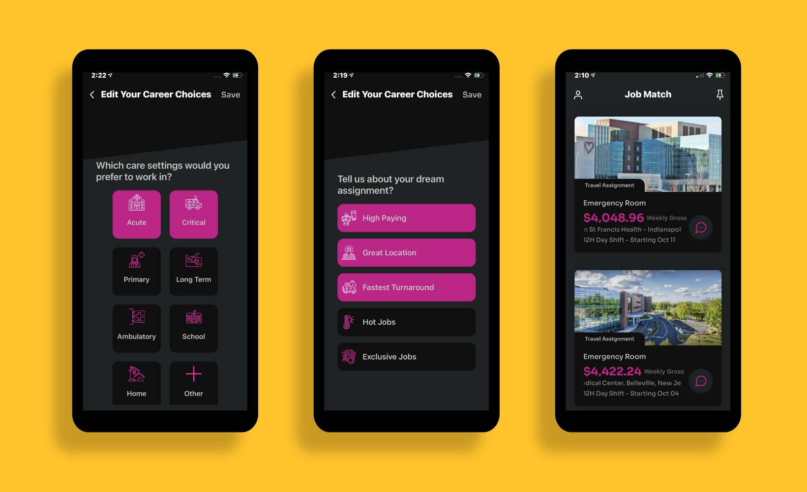 Three smartphone screens show a career app interface on a yellow background. The first screen has career settings with icons. The second screen is about dream assignment preferences. The third screen displays job match details with an image of a building.