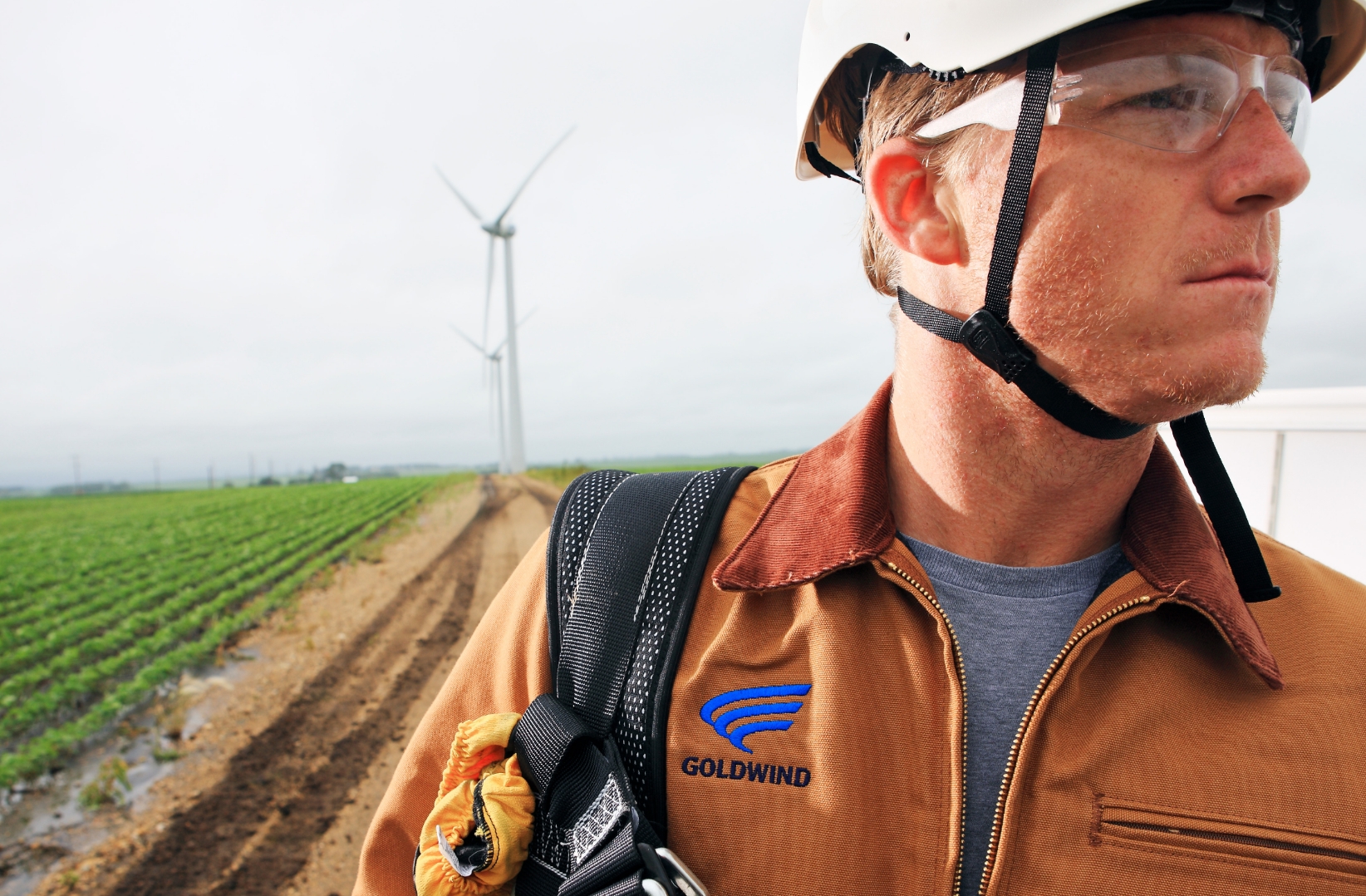 A man wearing a hard hat and safety glasses stands in a field with wind turbines in the background. He is wearing a brown jacket with a Goldwind logo and holding harness equipment. The environment is overcast, and rows of plants are visible.