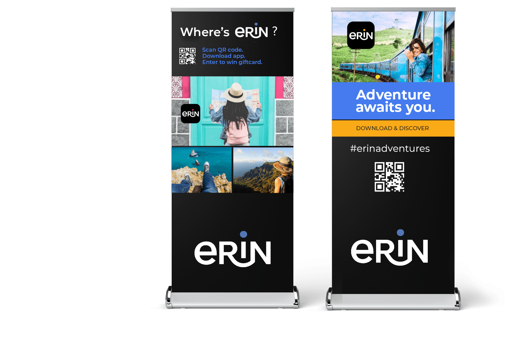 Two vertical banners. Left: Where’s eRIN? with travel photos and QR code. Right: Adventure awaits you with a woman on a train, Download & Discover text, QR code, and #erinadventures. Both with eRIN logo at the bottom.