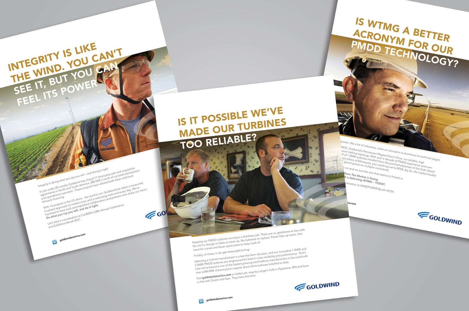 Three Goldwind advertisements feature people working in wind power. The first mentions integrity and wind, the second discusses turbine reliability, and the third asks about PMDD technology. Each ad includes images of workers and wind turbines.