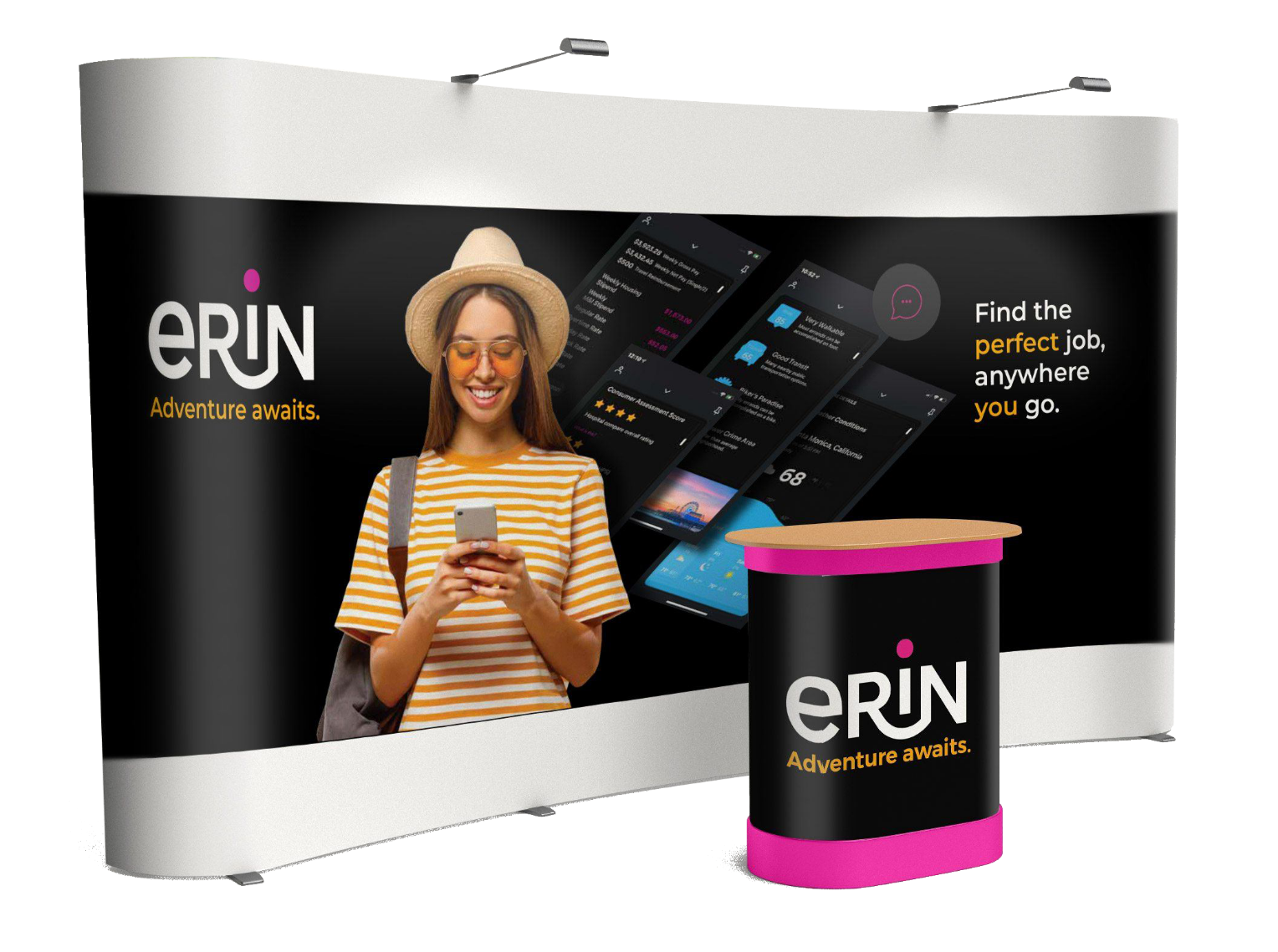 A promotional booth featuring a smiling woman in a hat using a smartphone. The backdrop displays a mobile app interface and the text Find the perfect job, anywhere you go. The brand name ERIN is also visible with the tagline Adventure awaits.