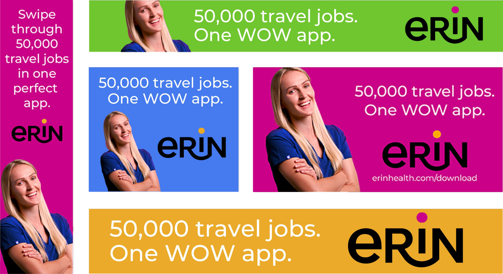 Collage of banners promoting a travel job app named ERIN. Each banner features a smiling person with folded arms, and text stating 50,000 travel jobs. One WOW app. A URL is included in one of the banners.