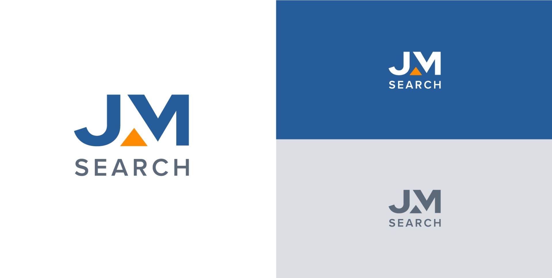 The image displays the JM Search logo in three variations. The primary version has JM in bold blue letters with an orange triangle at the center, and SEARCH below. Two alternate versions are shown against blue and gray backgrounds.