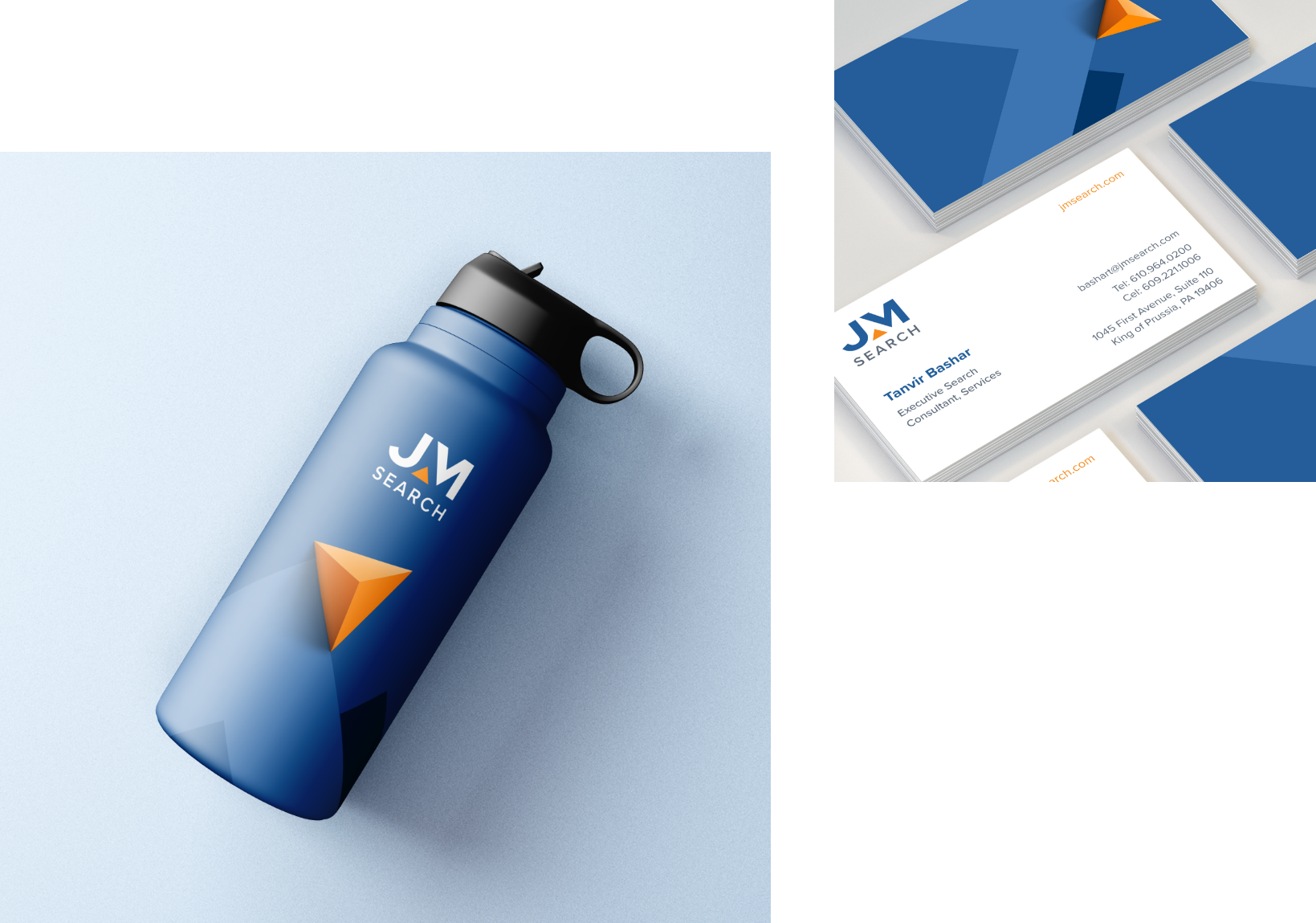 Blue water bottle with JM Search logo featuring an orange triangle, set against a light background. To the right, a stack of business cards with the same logo and design elements, including contact information.