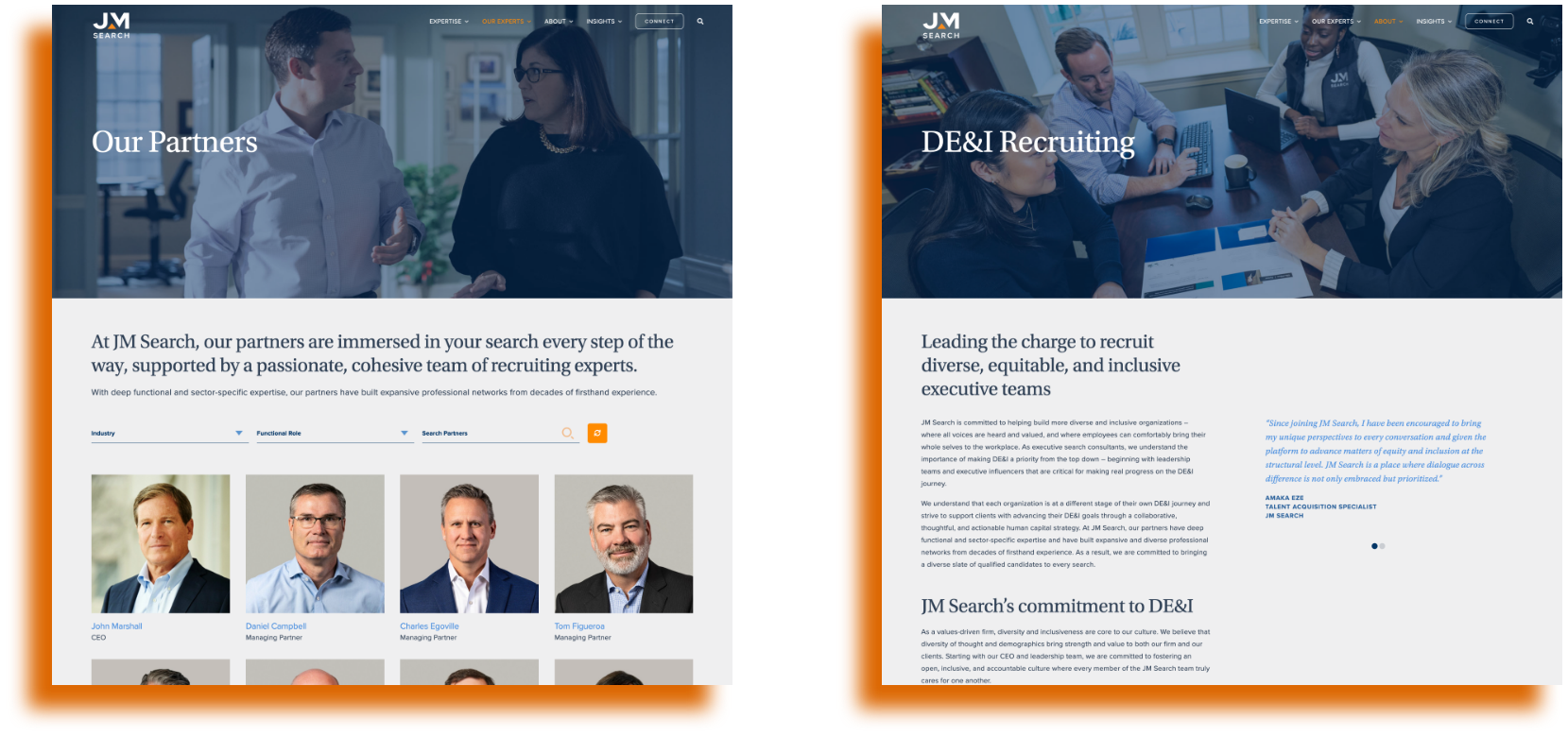 Split image showing two sections: Left, Our Partners with a group in discussion and partner photos below. Right, DE&I Recruiting with a team at a table and a text emphasizing diversity and inclusivity in executive recruiting.
