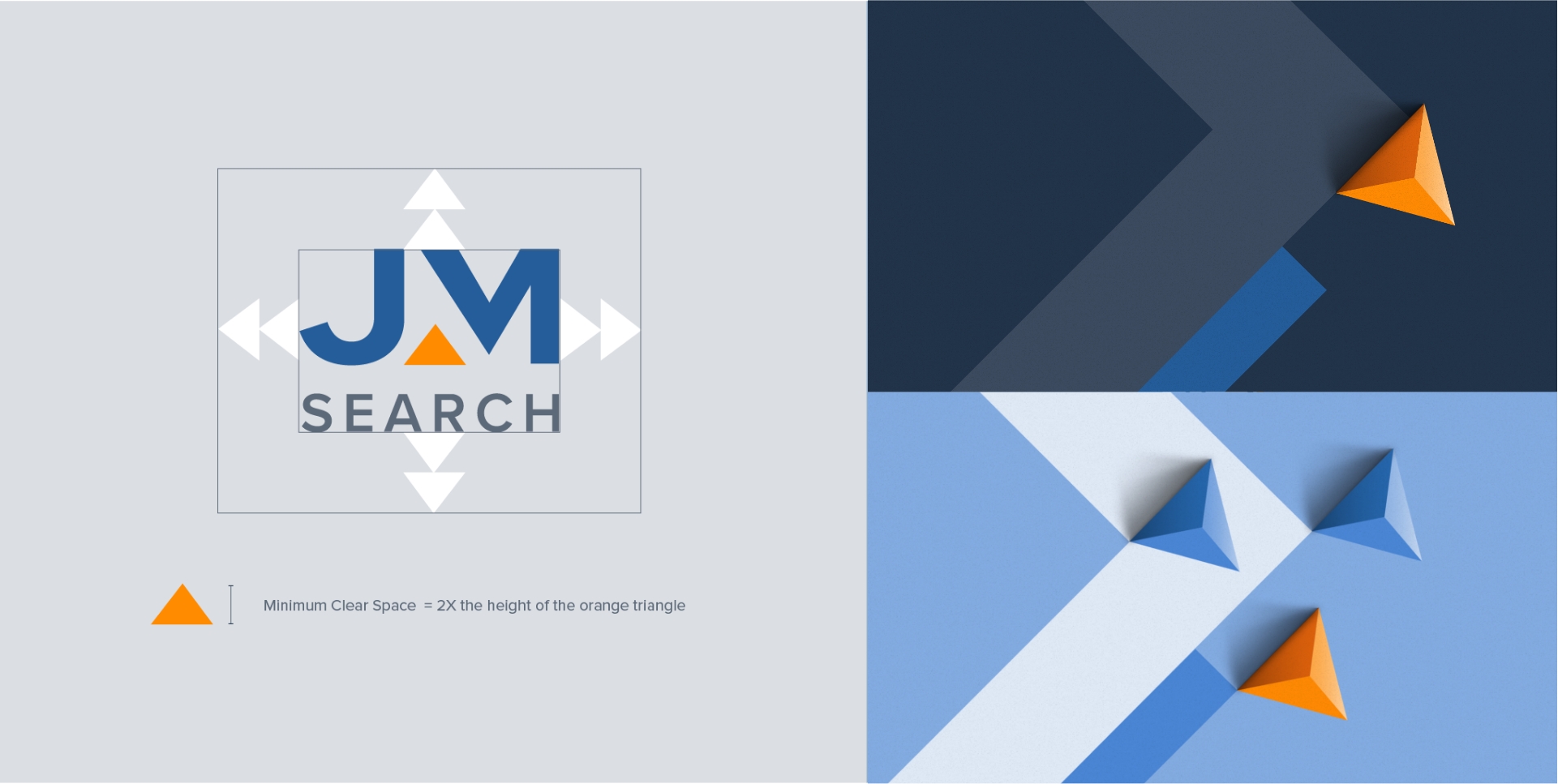 A logo design features JM SEARCH with an orange triangle in the middle. Surrounding it are white arrowheads indicating space around the logo. On the right, three orange and blue 3D triangles rest on a geometric blue-gray background.
