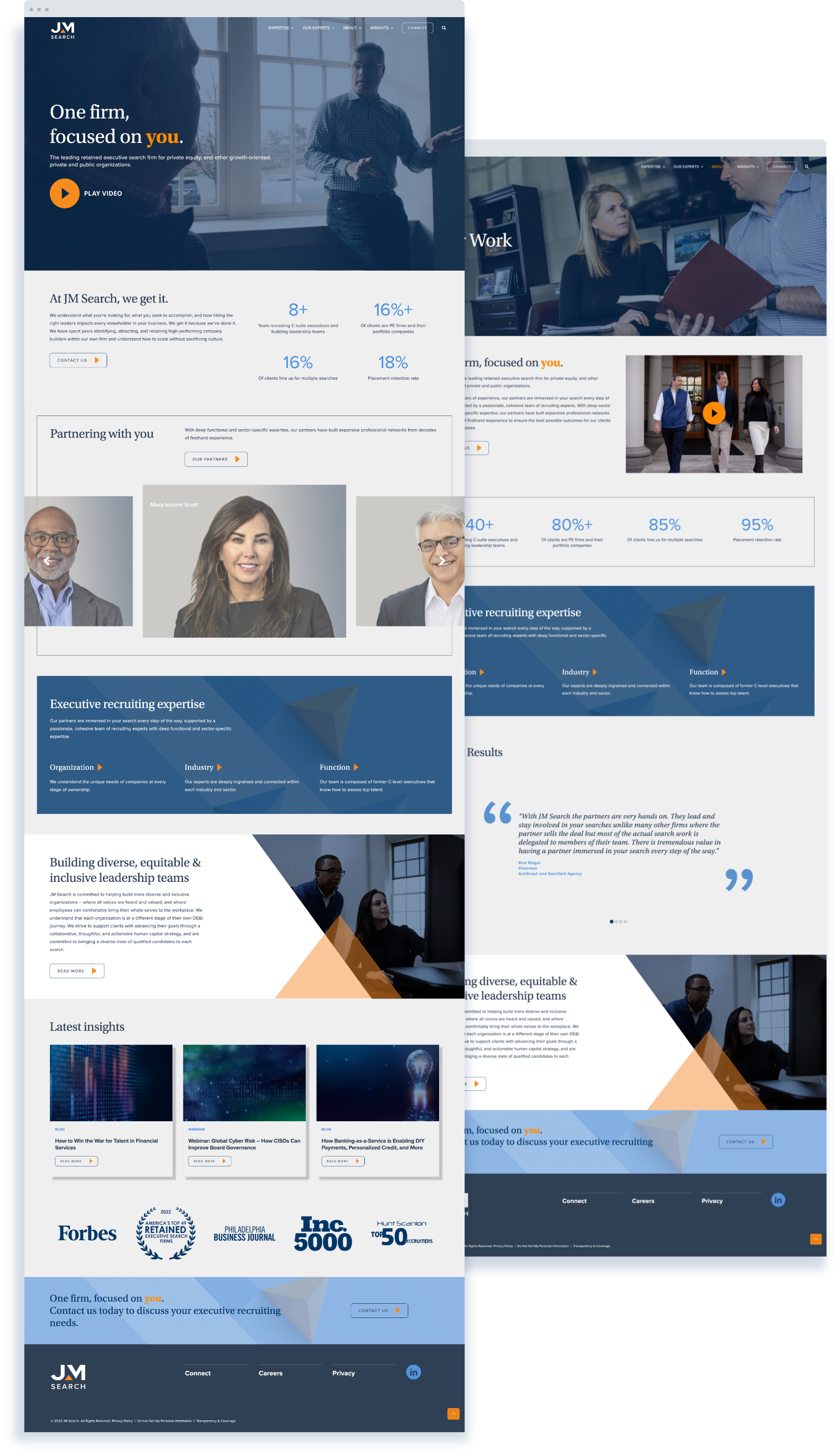 Company website with sections featuring services, team, testimonials, and industry recognition. Includes images of professionals, statistics, and logos of well-known publications. Blue and orange color scheme.