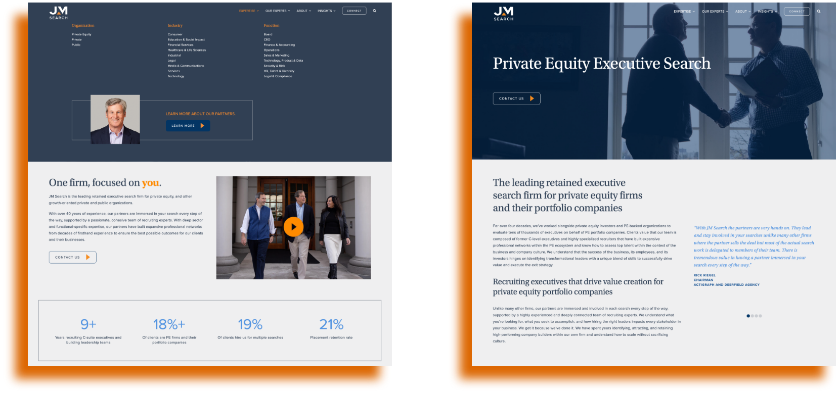 Two screenshots of a business website. The first screenshot highlights an executive search firm with a focus on individual client needs. The second emphasizes their expertise in private equity executive search, featuring silhouettes of two people shaking hands.