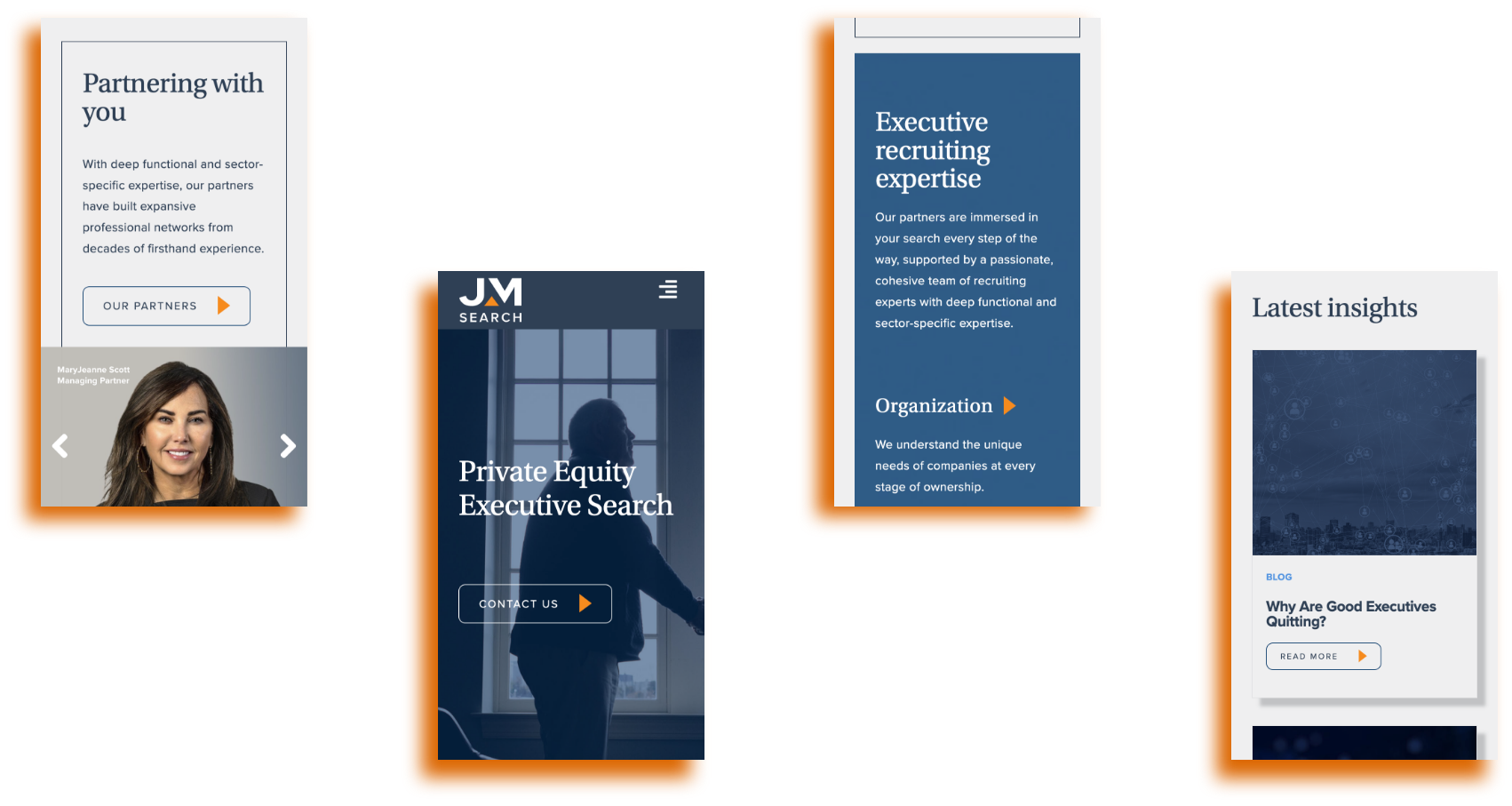 Four mobile screens display different sections of a website. They feature a businesswomans portrait, text about executive recruiting and insights, and options for contacting the company and viewing partners. The background colors include navy blue and white.