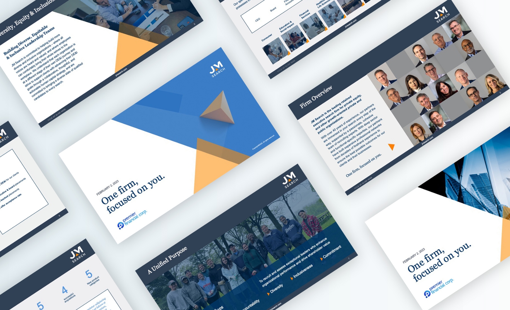 A collage of business presentation slides featuring text, geometric shapes, and photos. Includes images of people, modern office environments, and branding with blue, white, and yellow accents.