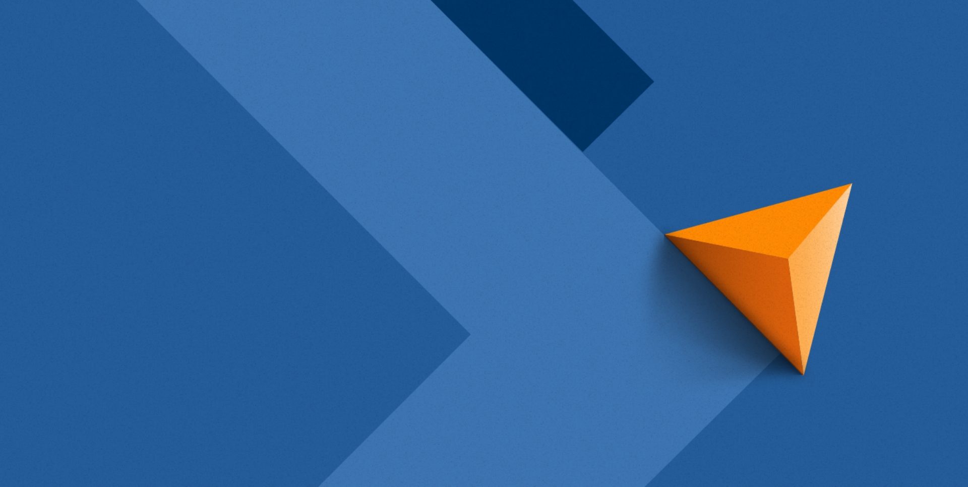 Abstract image featuring a blue background with overlapping geometric shapes and a prominent orange triangular prism on the right side casting shadows.