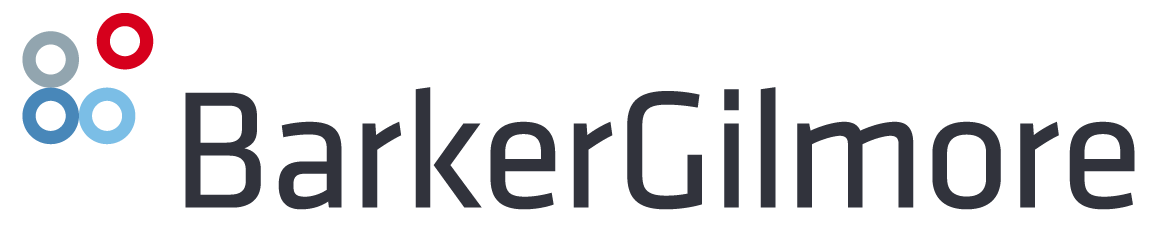 Logo for BarkerGilmore featuring the company name in gray, modern font. Three circles in gray, light blue, and red are linked above the name on the left.