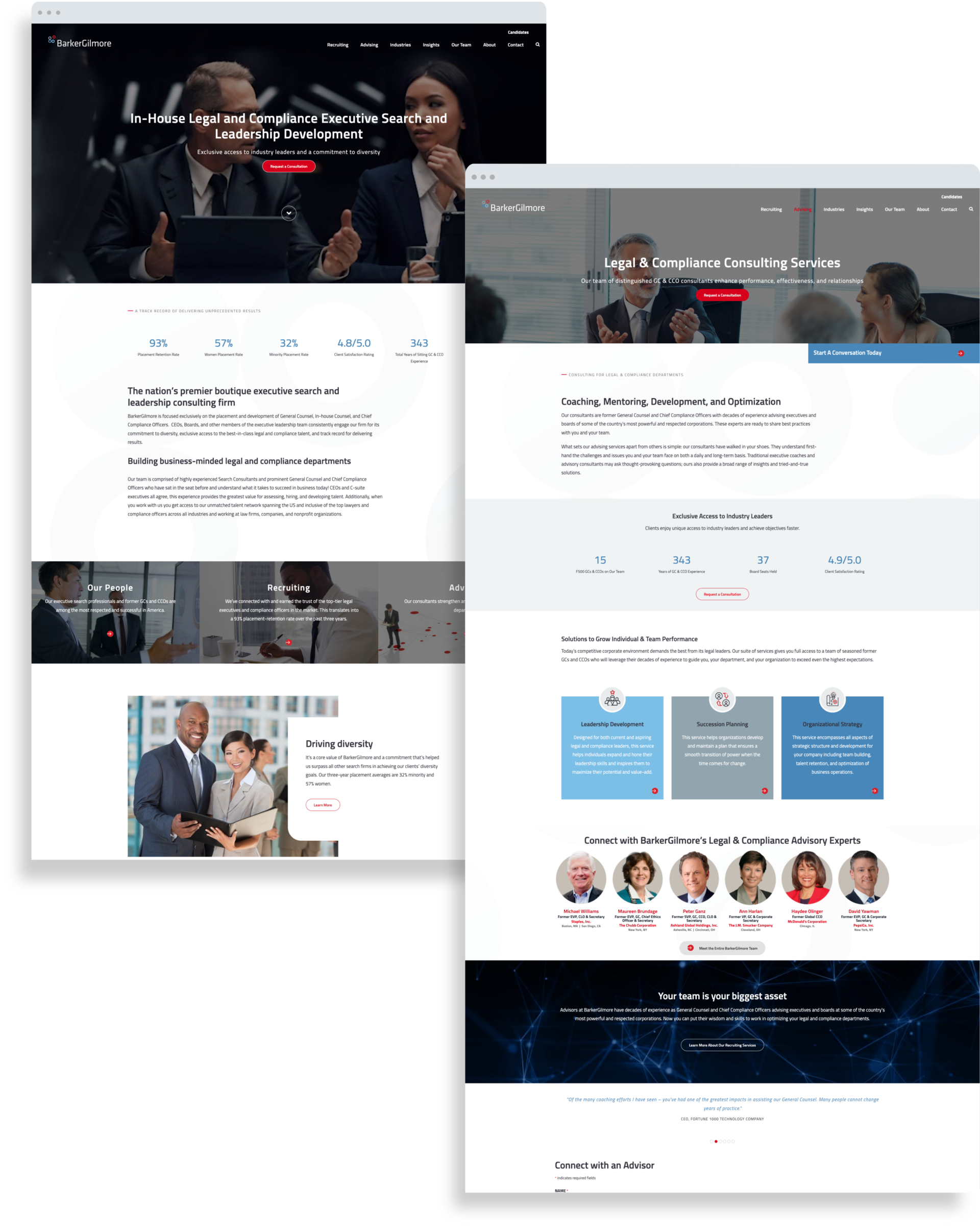 Two website pages from BarkerGilmore are displayed. The first page focuses on executive search and leadership development with professionals in suits discussing. The second page offers legal and compliance consulting services, featuring graphics and contact information.